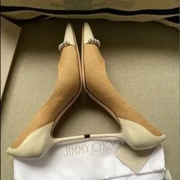 Jimmy Choo Love 85 WRR natural raffia crystal pearls latte pumps Size 40 NWT - Picture 4 of 14